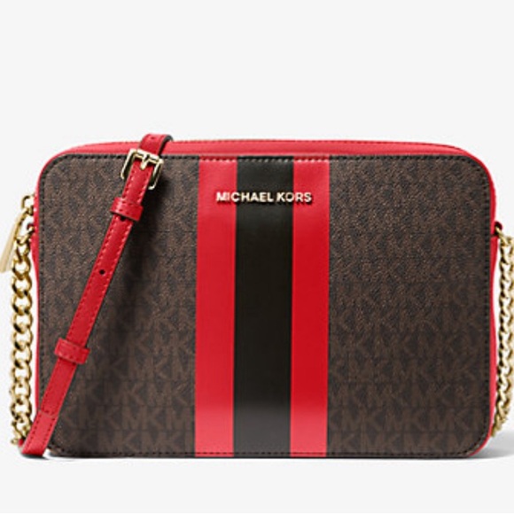 Michael Kors Handbags - Michael Kors Jet Set Logo Stripe Crossbody Bag, Brown w/ Red Stripe, EUC!